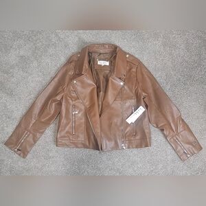NWT - Nicole Miller Brown Faux Leather Moto Jacket Women’s 1X Winter Coat